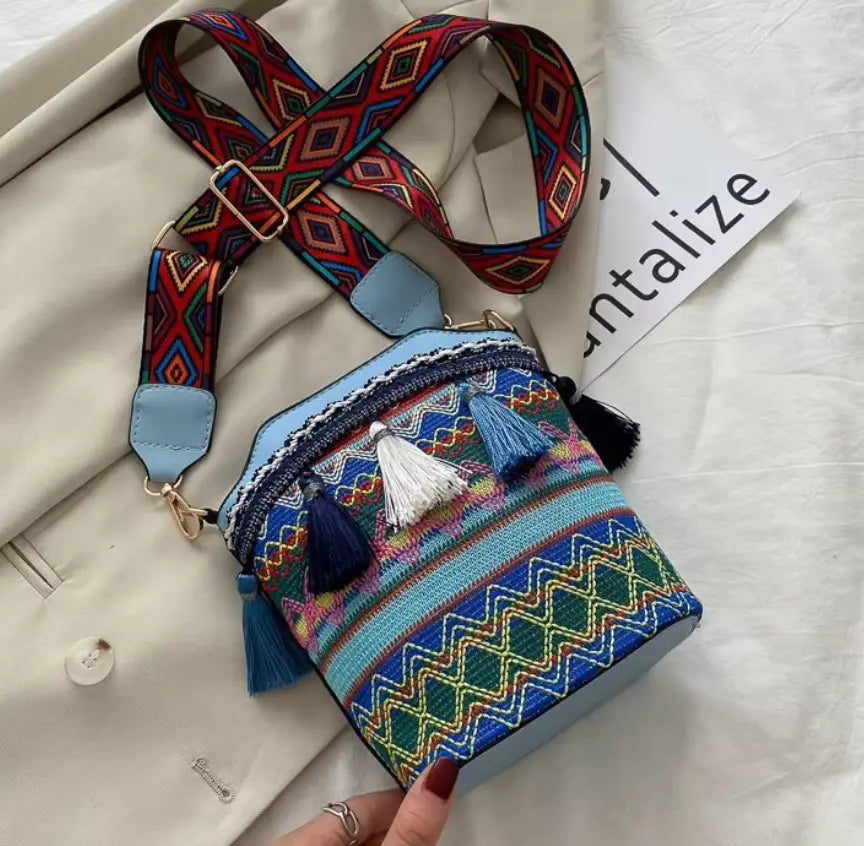 Ethnic Bucket Bags Weave Hobo PU Tassel Shoulder Bags Retro Women Fringe Bohemian Handbag