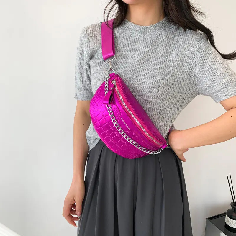 New New Fashion Metallic Leather Fanny Pack Large Capacity Chest Bags Women Waist Bag