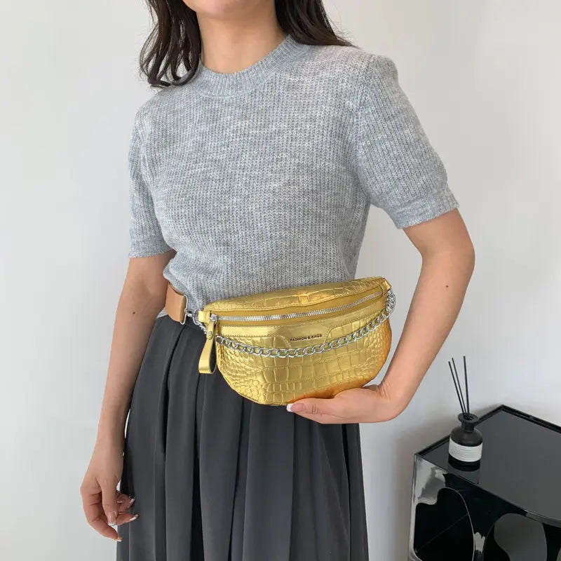 New New Fashion Metallic Leather Fanny Pack Large Capacity Chest Bags Women Waist Bag