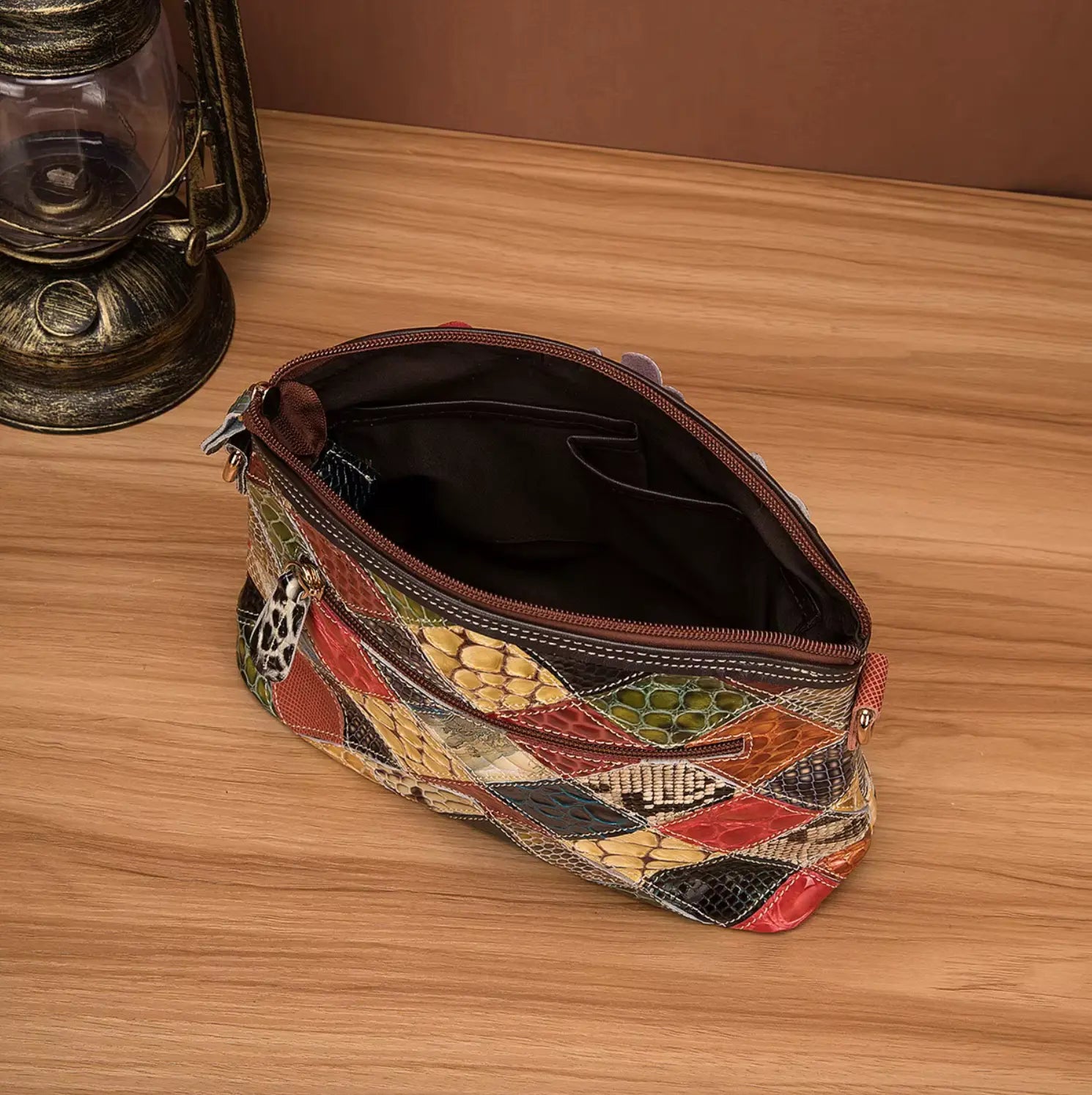 Fendiz Multicolor Floral Crossbody Bag Cowhide Leather Handbag Colorful Purses Vintage Snake Pattern