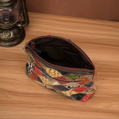 Fendiz Multicolor Floral Crossbody Bag Cowhide Leather Handbag Colorful Purses Vintage Snake Pattern