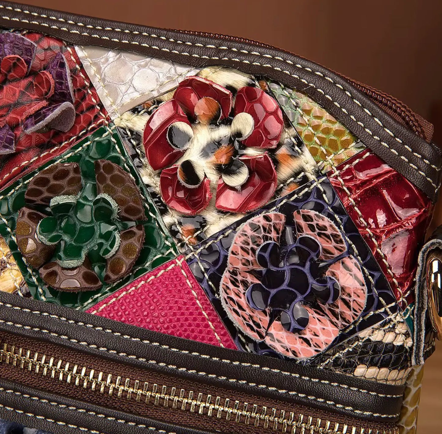 Fendiz Multicolor Floral Crossbody Bag Cowhide Leather Handbag Colorful Purses Vintage Snake Pattern