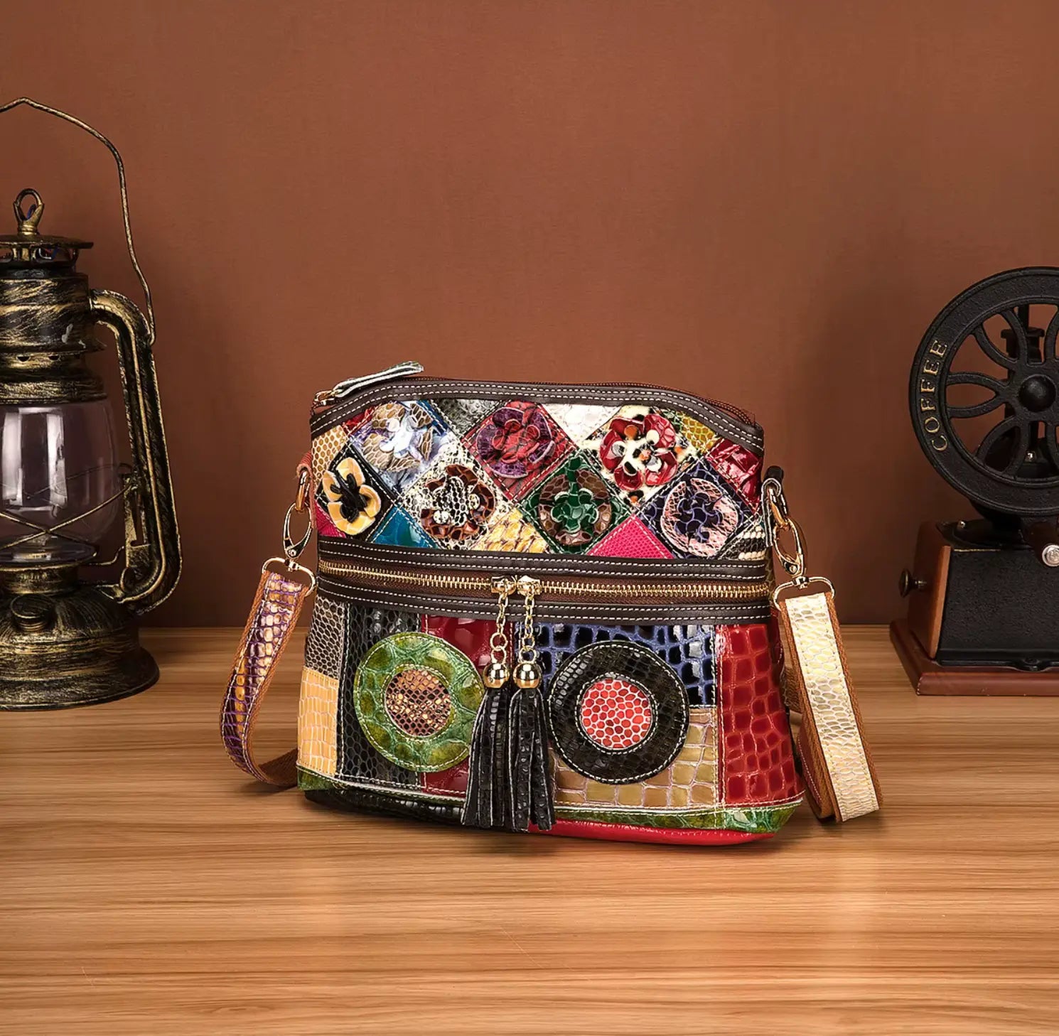 Fendiz Multicolor Floral Crossbody Bag Cowhide Leather Handbag Colorful Purses Vintage Snake Pattern