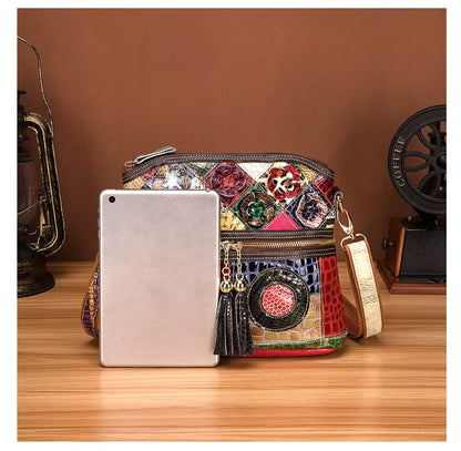 Fendiz Multicolor Floral Crossbody Bag Cowhide Leather Handbag Colorful Purses Vintage Snake Pattern
