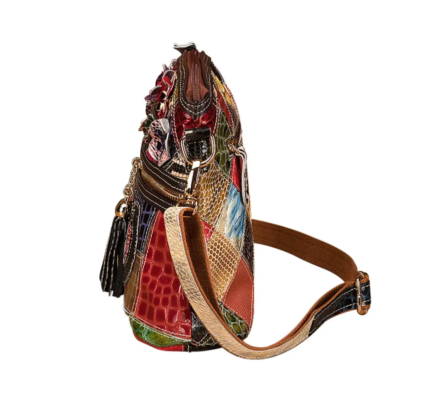 Fendiz Multicolor Floral Crossbody Bag Cowhide Leather Handbag Colorful Purses Vintage Snake Pattern