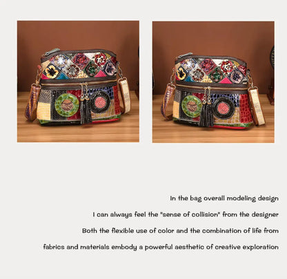 Fendiz Multicolor Floral Crossbody Bag Cowhide Leather Handbag Colorful Purses Vintage Snake Pattern