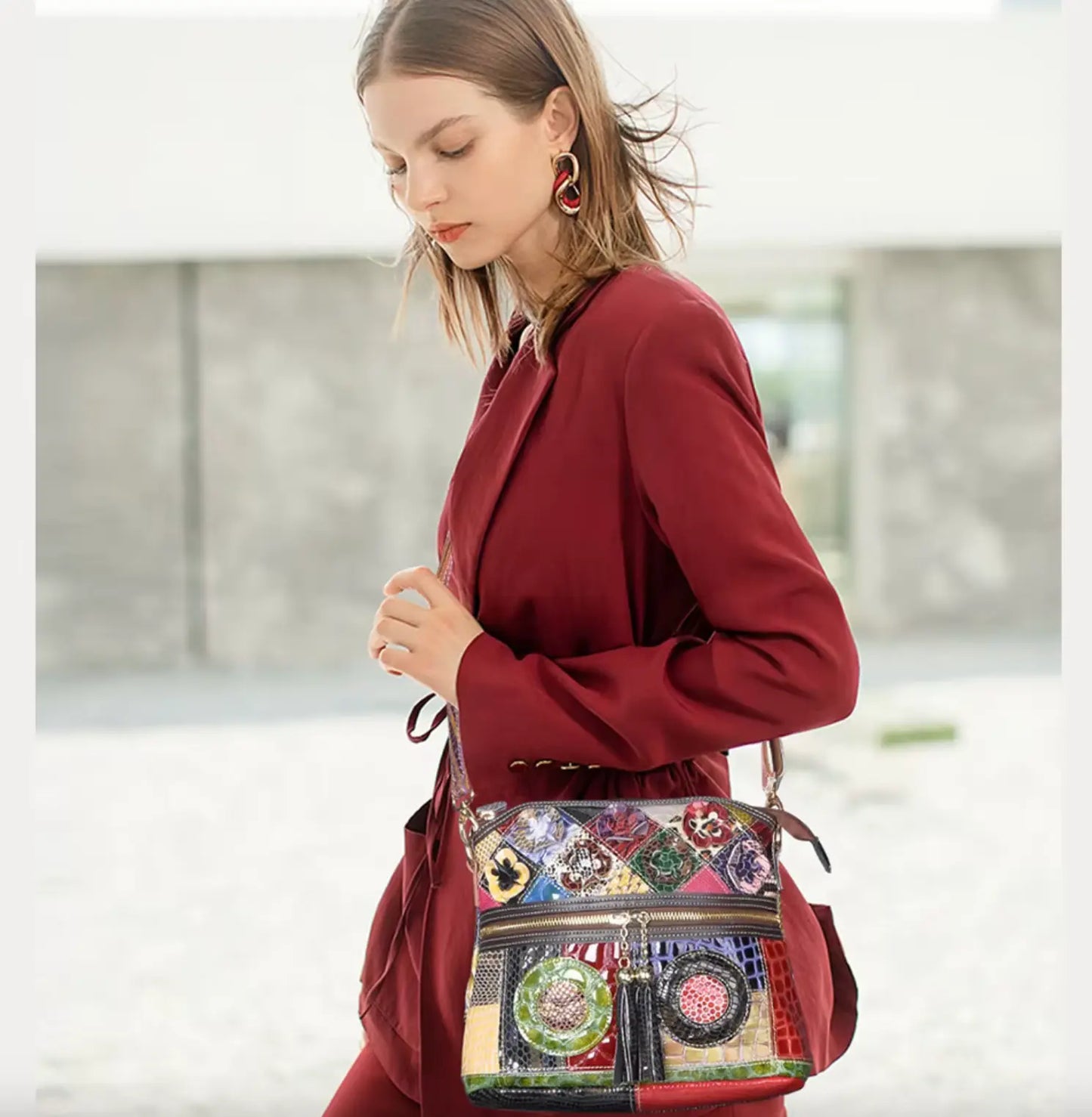 Fendiz Multicolor Floral Crossbody Bag Cowhide Leather Handbag Colorful Purses Vintage Snake Pattern