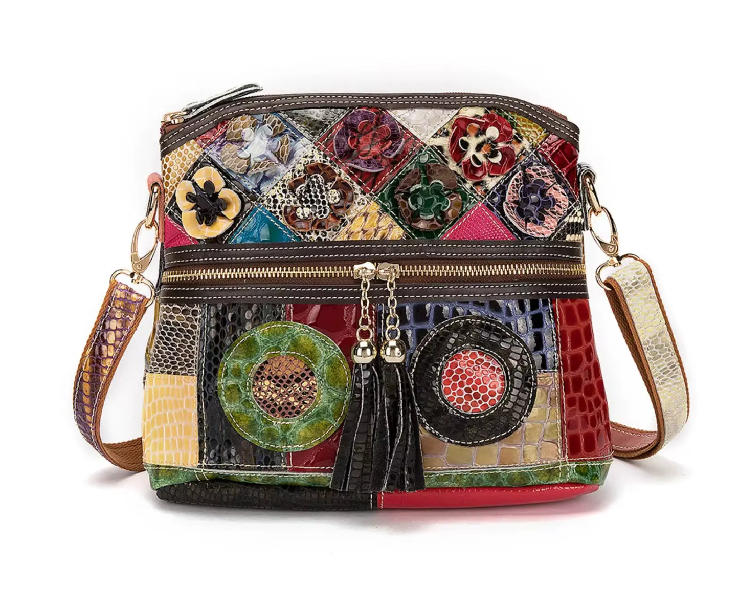 Fendiz Multicolor Floral Crossbody Bag Cowhide Leather Handbag Colorful Purses Vintage Snake Pattern
