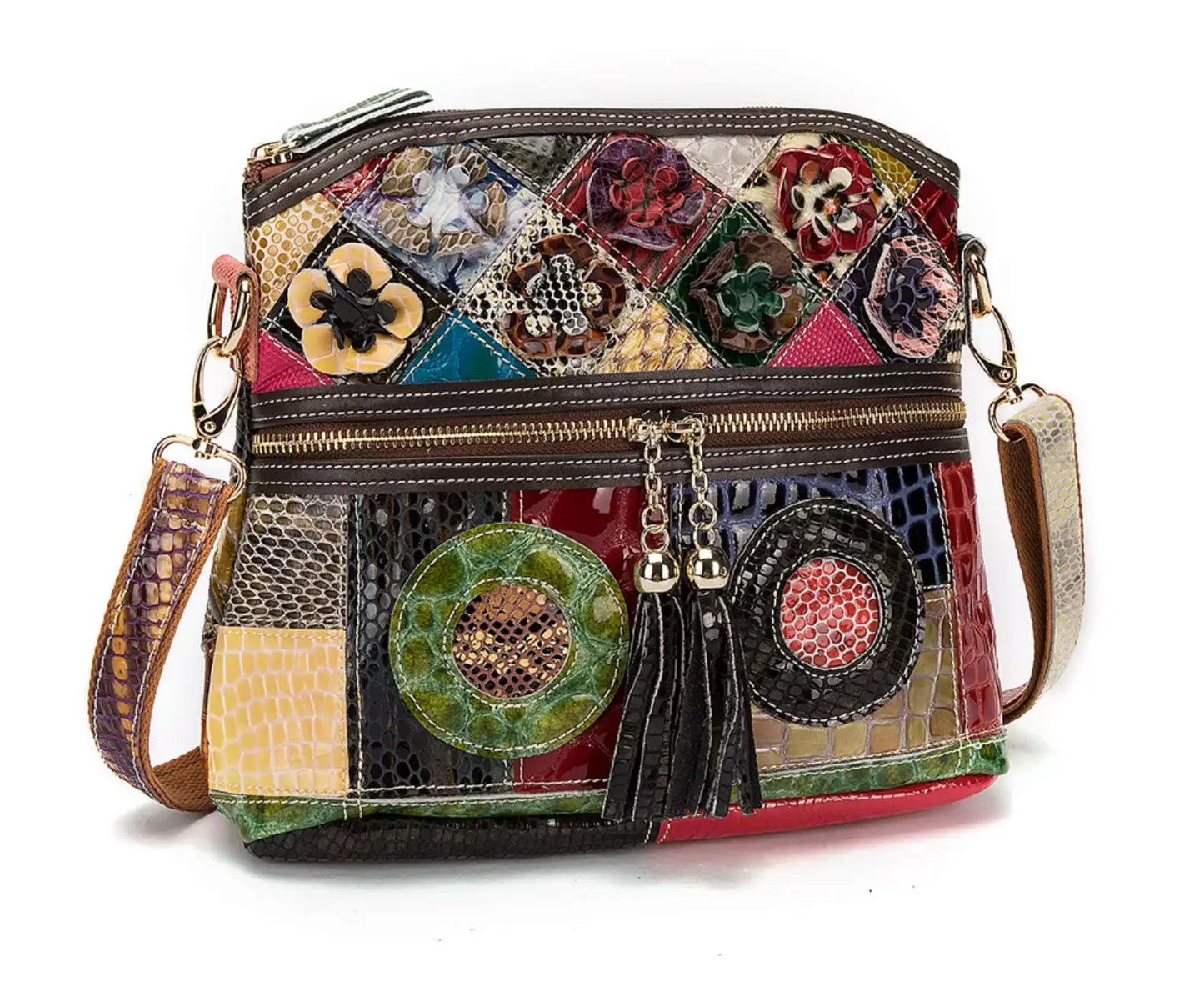 Fendiz Multicolor Floral Crossbody Bag Cowhide Leather Handbag Colorful Purses Vintage Snake Pattern