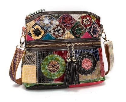 Fendiz Multicolor Floral Crossbody Bag Cowhide Leather Handbag Colorful Purses Vintage Snake Pattern
