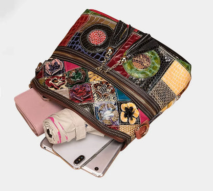 Fendiz Multicolor Floral Crossbody Bag Cowhide Leather Handbag Colorful Purses Vintage Snake Pattern