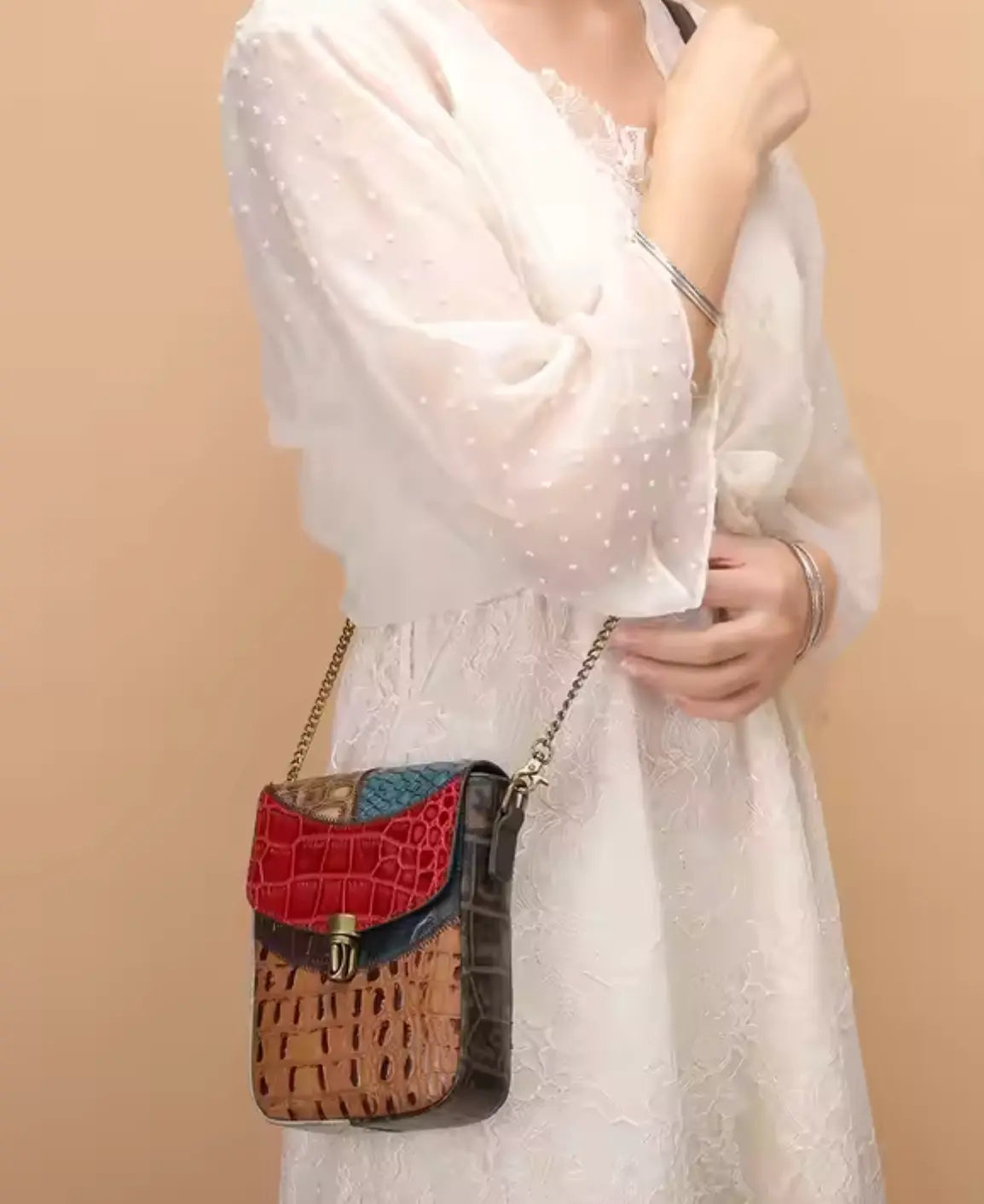 Fendiz Westal Retro Stitching Crossbody Bag Ladies Purses Mobile Phone Bag Genuine Leather Messenger Bags