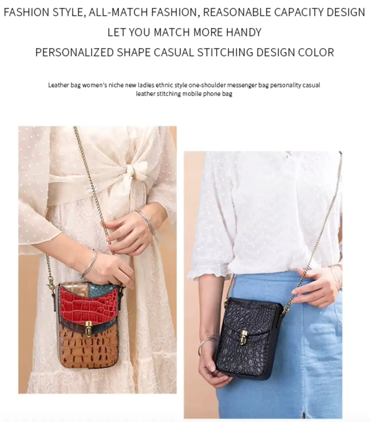 Fendiz Westal Retro Stitching Crossbody Bag Ladies Purses Mobile Phone Bag Genuine Leather Messenger Bags