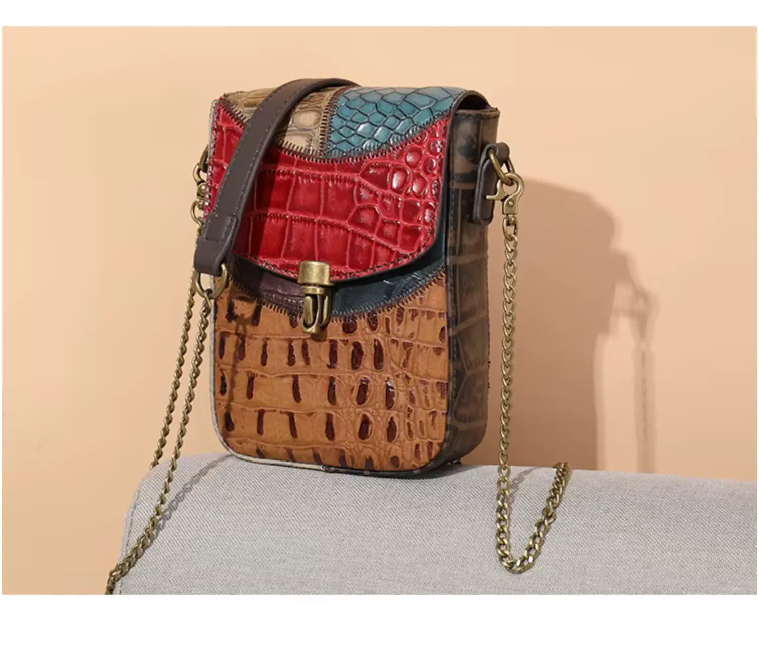 Fendiz Westal Retro Stitching Crossbody Bag Ladies Purses Mobile Phone Bag Genuine Leather Messenger Bags