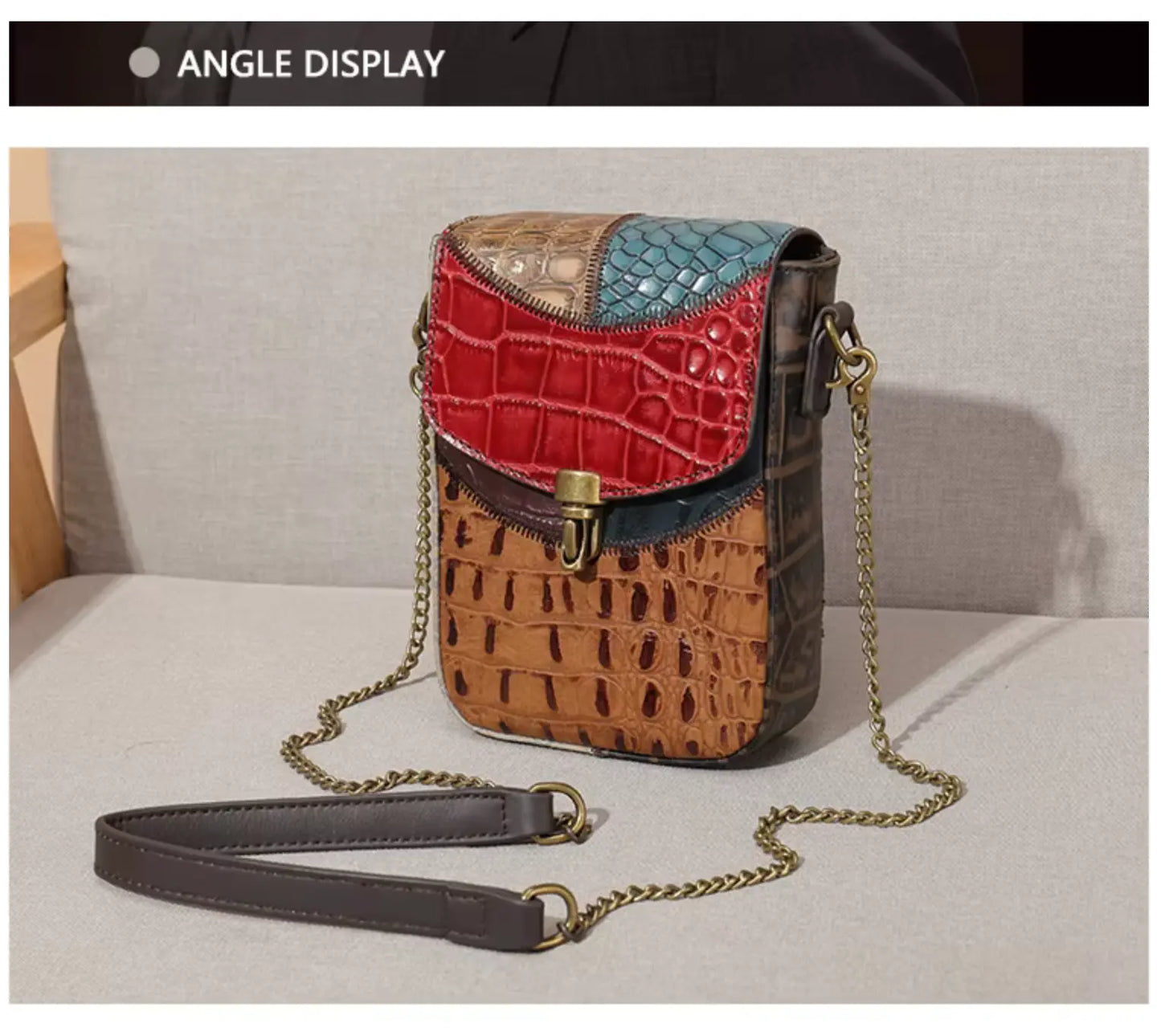 Fendiz Westal Retro Stitching Crossbody Bag Ladies Purses Mobile Phone Bag Genuine Leather Messenger Bags