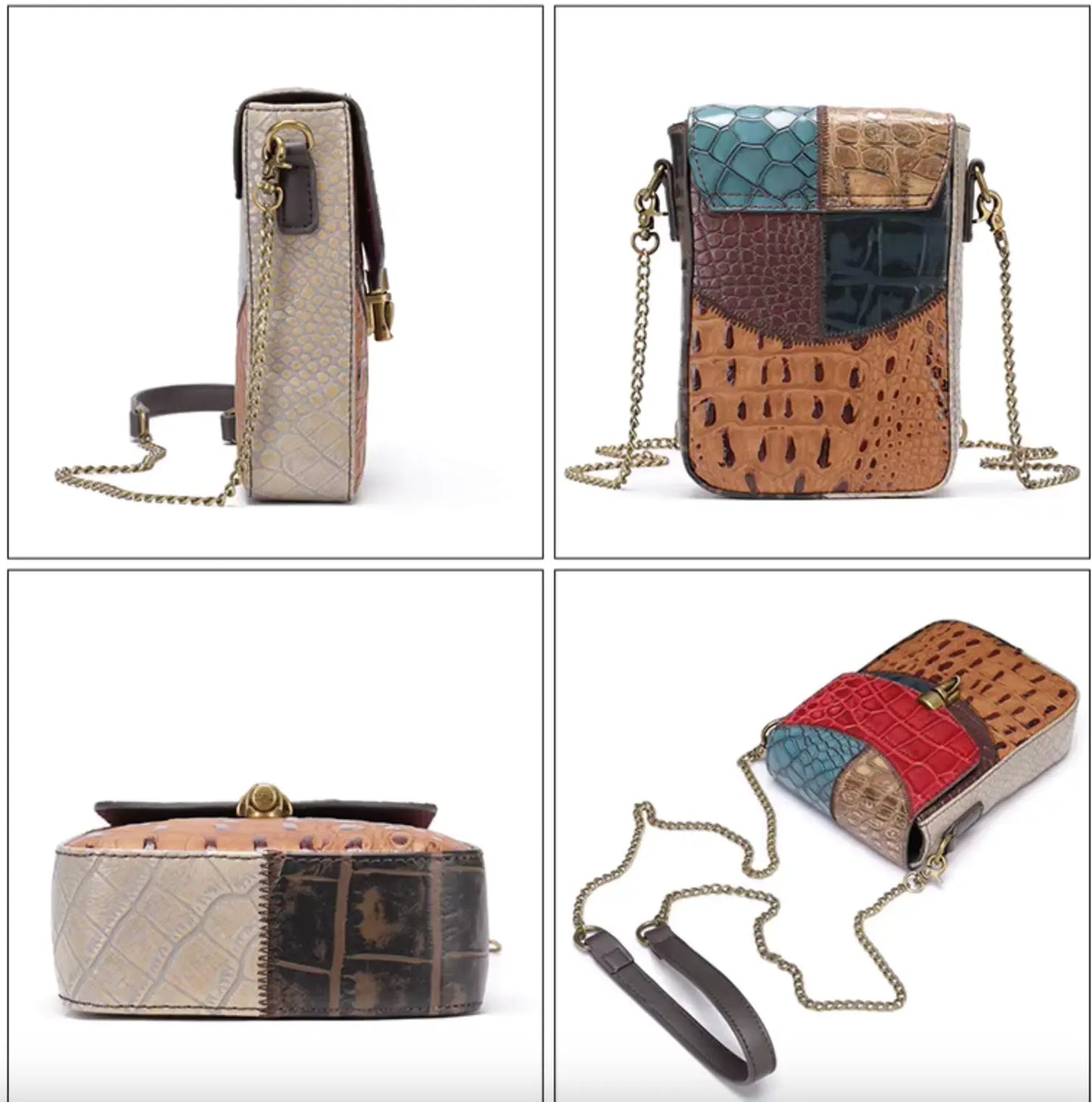 Fendiz Westal Retro Stitching Crossbody Bag Ladies Purses Mobile Phone Bag Genuine Leather Messenger Bags