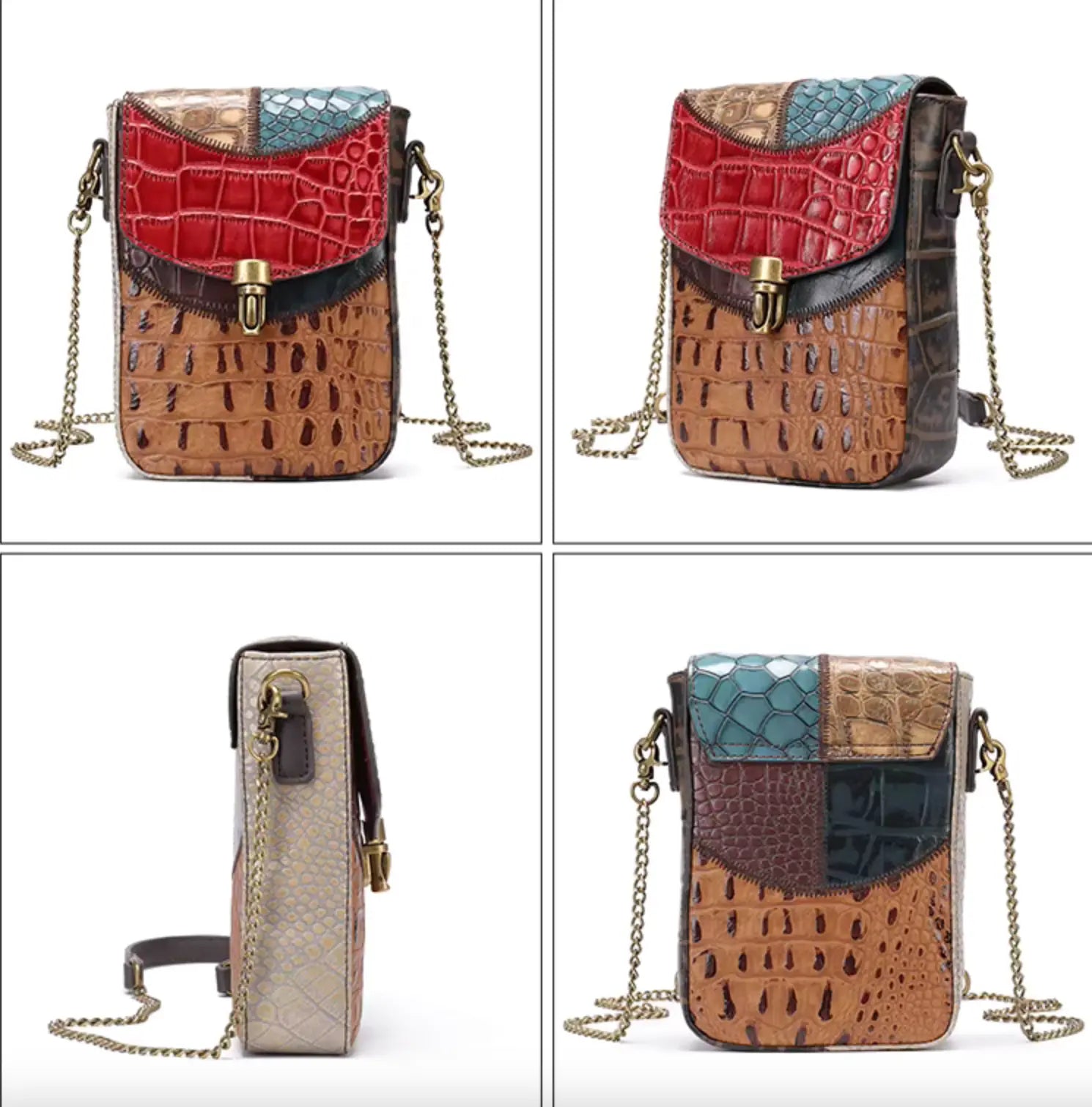 Fendiz Westal Retro Stitching Crossbody Bag Ladies Purses Mobile Phone Bag Genuine Leather Messenger Bags
