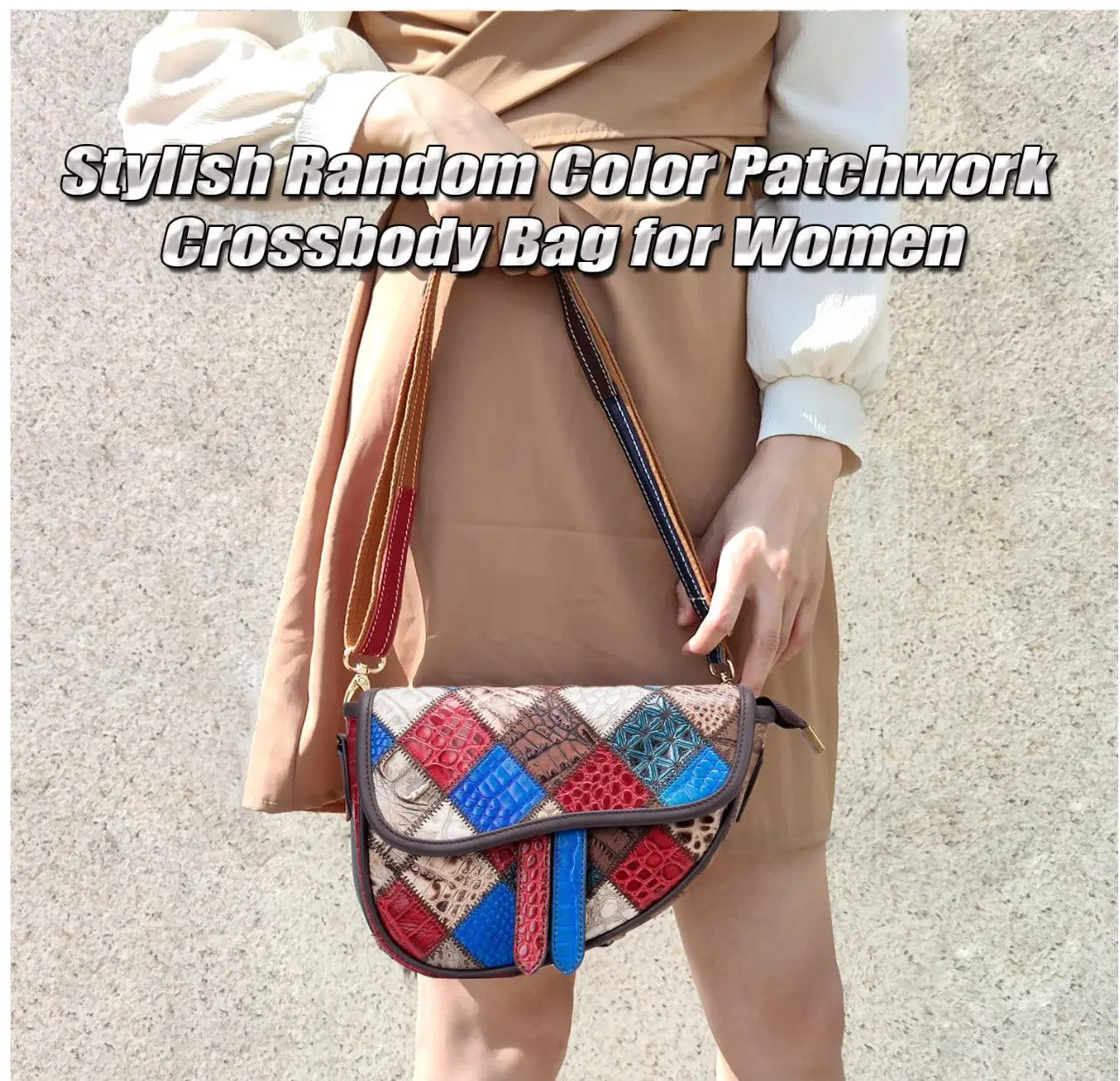 Patchwork Crossbody Bag Unique Genuine Leather Shoulder Bag Phone Purse with Shoulder Strap, Colorful