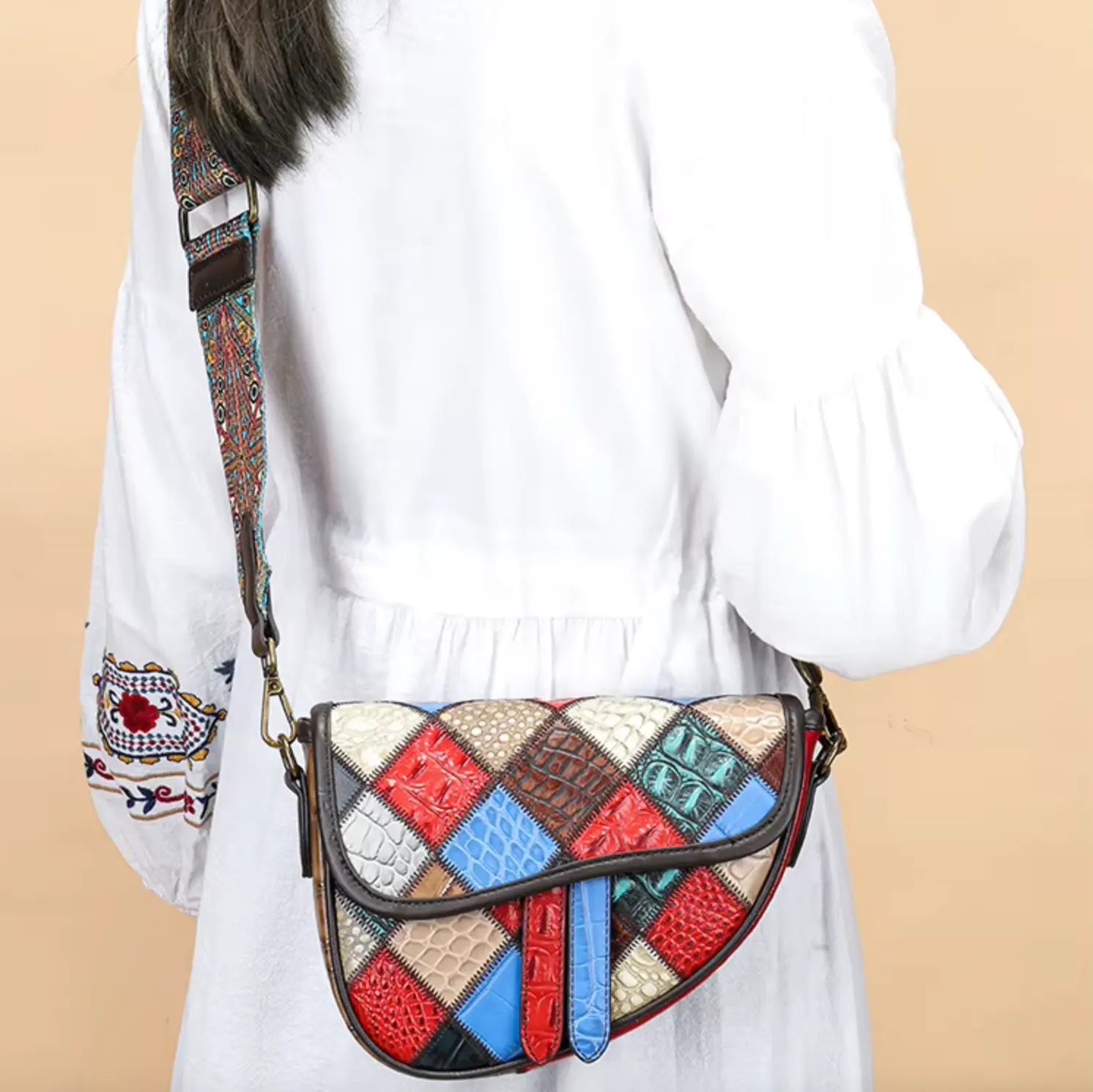 Patchwork Crossbody Bag Unique Genuine Leather Shoulder Bag Phone Purse with Shoulder Strap, Colorful