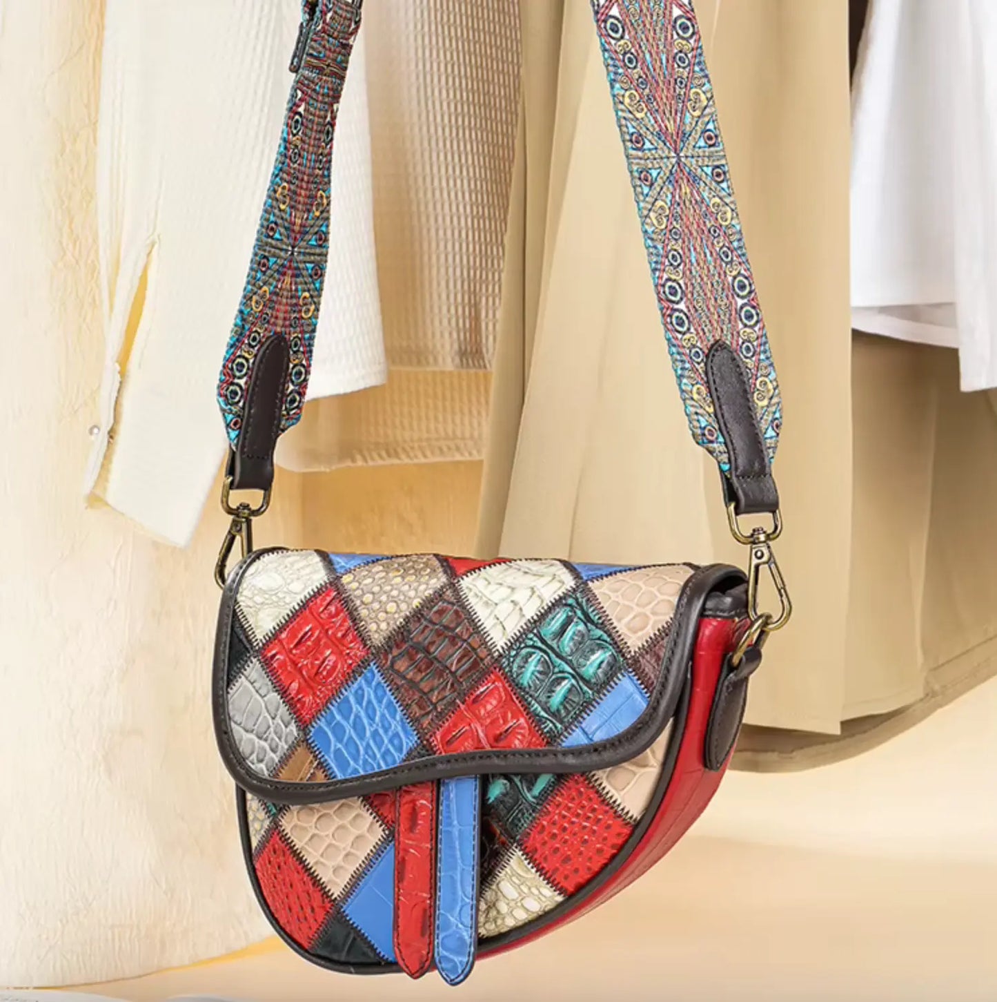 Patchwork Crossbody Bag Unique Genuine Leather Shoulder Bag Phone Purse with Shoulder Strap, Colorful
