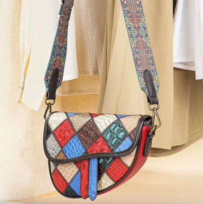 Patchwork Crossbody Bag Unique Genuine Leather Shoulder Bag Phone Purse with Shoulder Strap, Colorful