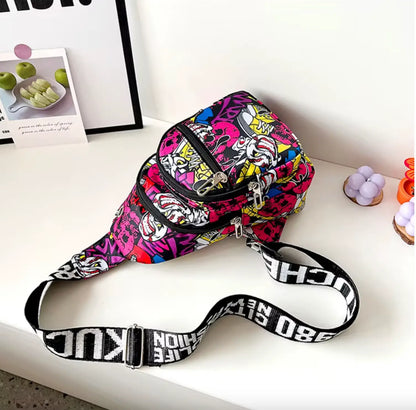 New kids fanny packSmall Graffiti Print Toddler Fanny Pack Crossbody Waist Bag for Kids Nylon Purses Chest Bag Shoulder Sling Bag
