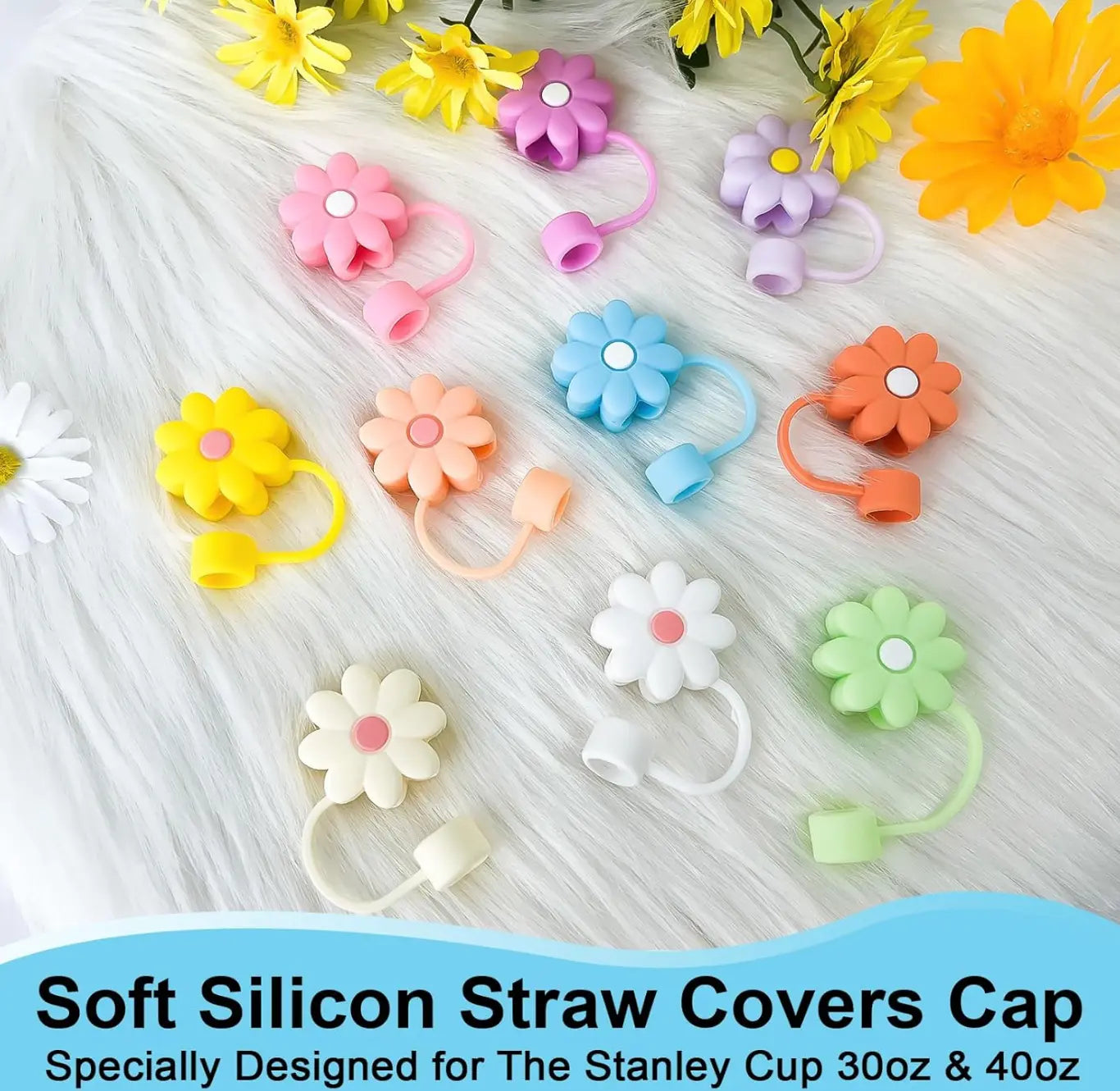 New 10pcs silicone flower straw toppers Reusable Covers and Caps for 9-10mm Straws - Fits Stanley 30 & 40oz Cups