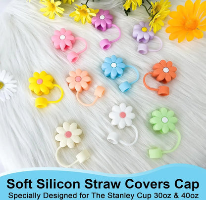 New 10pcs silicone flower straw toppers Reusable Covers and Caps for 9-10mm Straws - Fits Stanley 30 & 40oz Cups