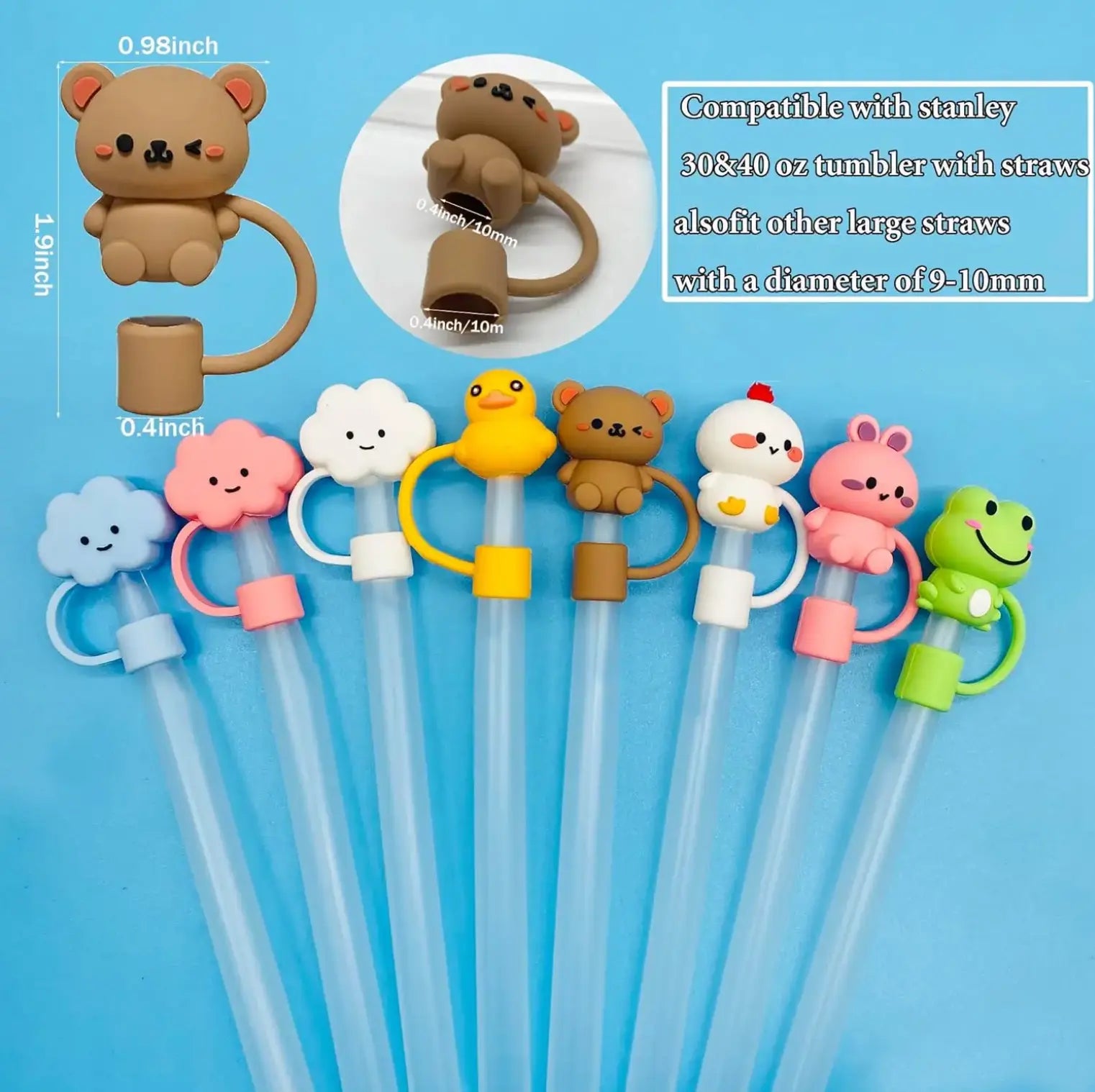 New 8Pcs 7-10mm Cute Animal Straw Toppers Tumbler Accessories Drinking Straw Cover Straw Cover Cap