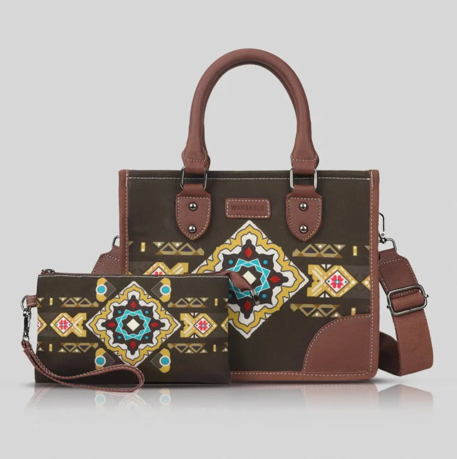 New Fendiz Classic Bohemian handbags Retro Canvas Pu Handbags and Purse Set Bohemian Aztec Pattern