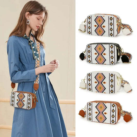 New Mini Crossbody Bag Sling Bag Guitar Strap Mini Crossbody Bag Bohemian Vintage Aztec Two Pattern Square Zipper