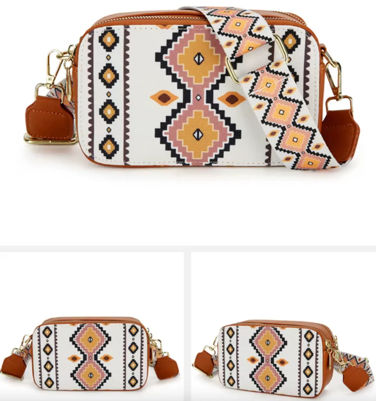 New Mini Crossbody Bag Sling Bag Guitar Strap Mini Crossbody Bag Bohemian Vintage Aztec Two Pattern Square Zipper