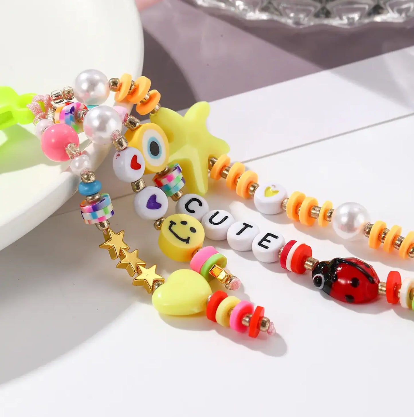 Cute Acrylic Keychains Rainbow Polymer Clay Beaded Tassel Purse Bag