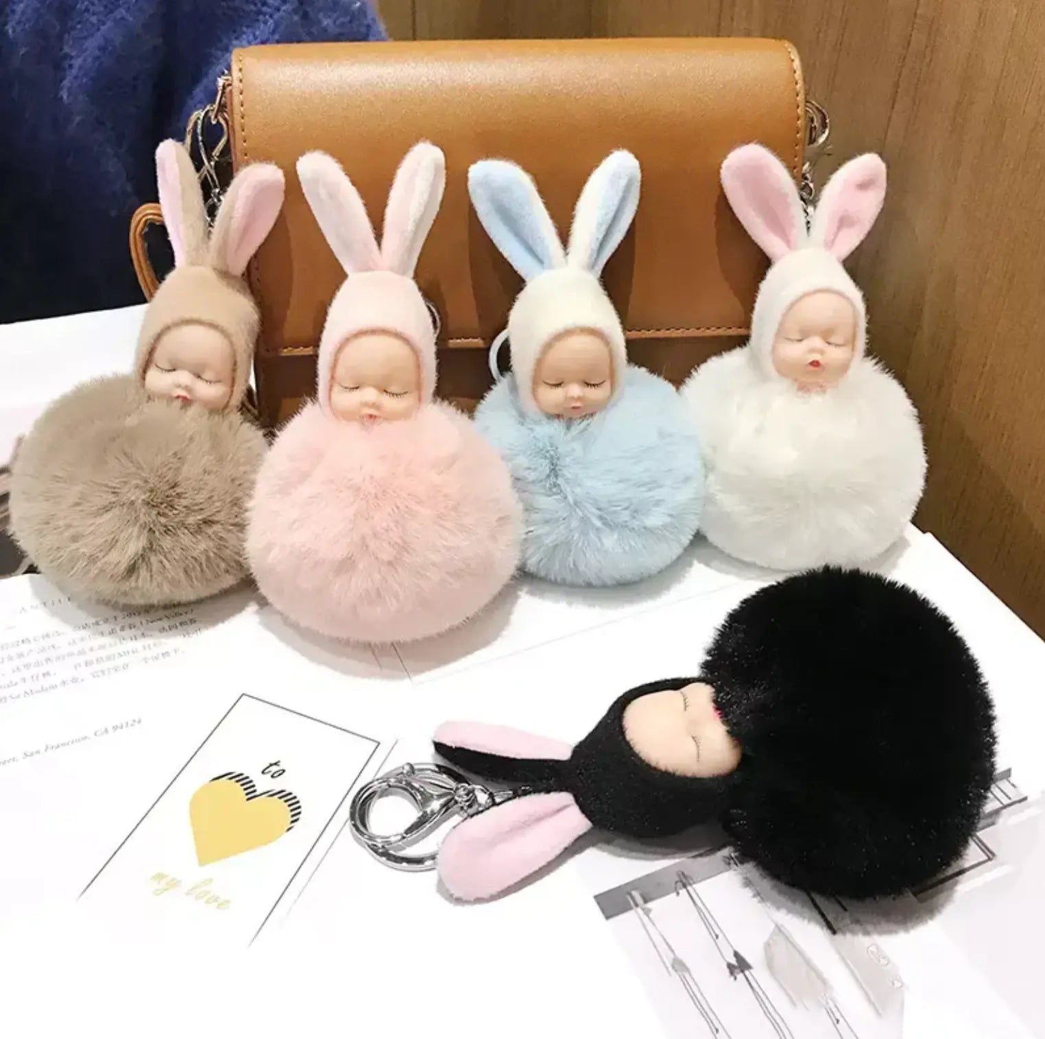 HOT 8CM Fashion Sleeping Baby Doll Pendant Fluffy Pom Pom KeyChains Cotton Wool