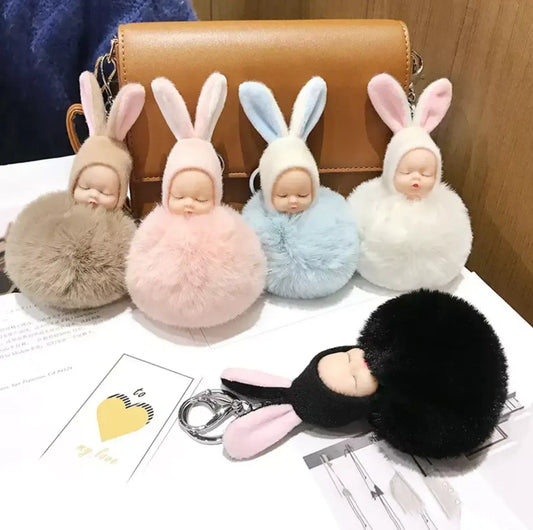 HOT 8CM Fashion Sleeping Baby Doll Pendant Fluffy Pom Pom KeyChains Cotton Wool