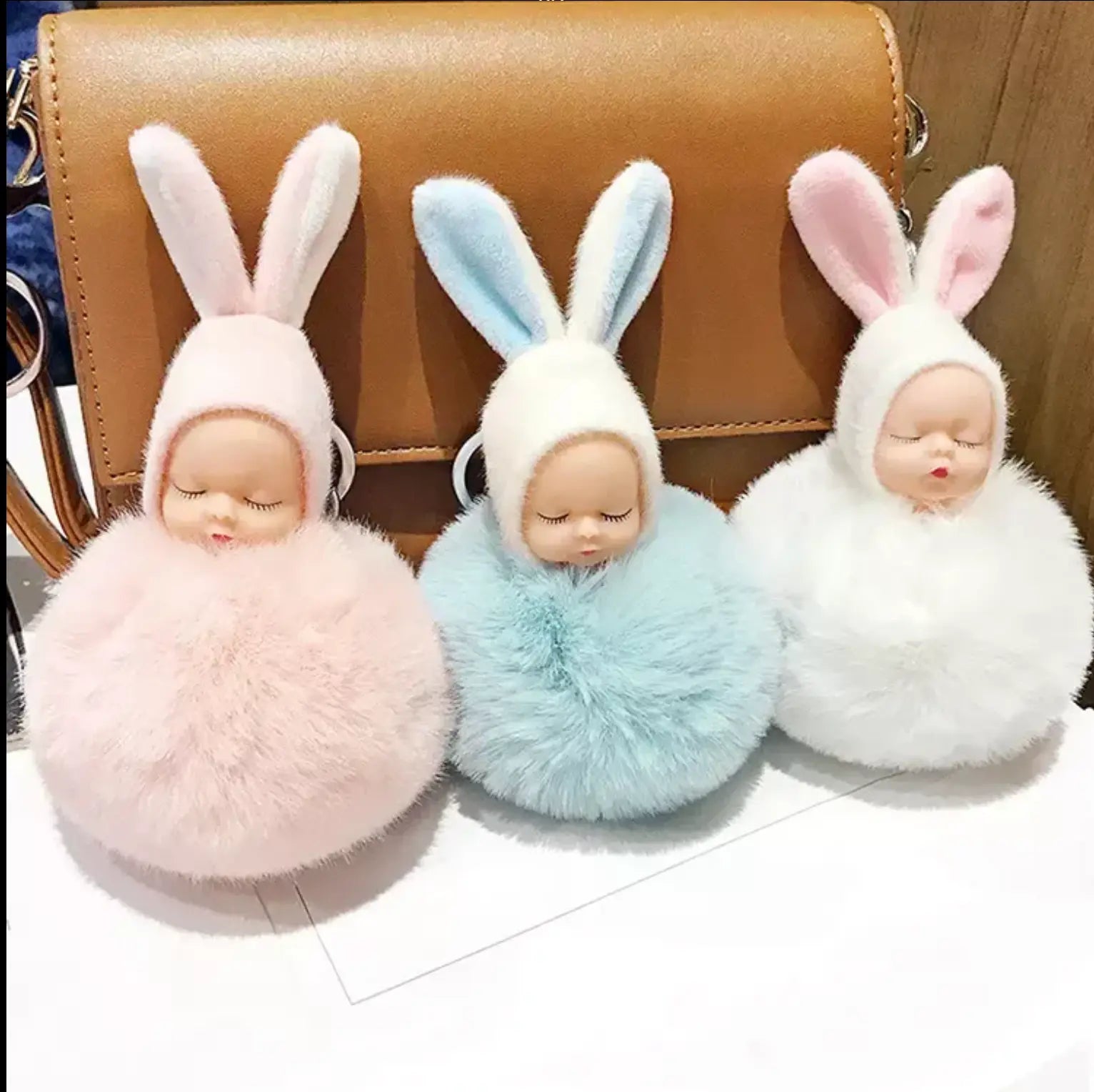 HOT 8CM Fashion Sleeping Baby Doll Pendant Fluffy Pom Pom KeyChains Cotton Wool