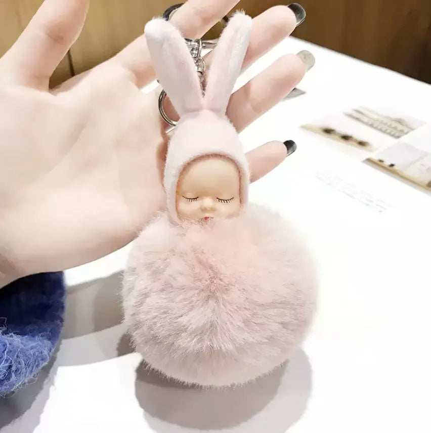 HOT 8CM Fashion Sleeping Baby Doll Pendant Fluffy Pom Pom KeyChains Cotton Wool