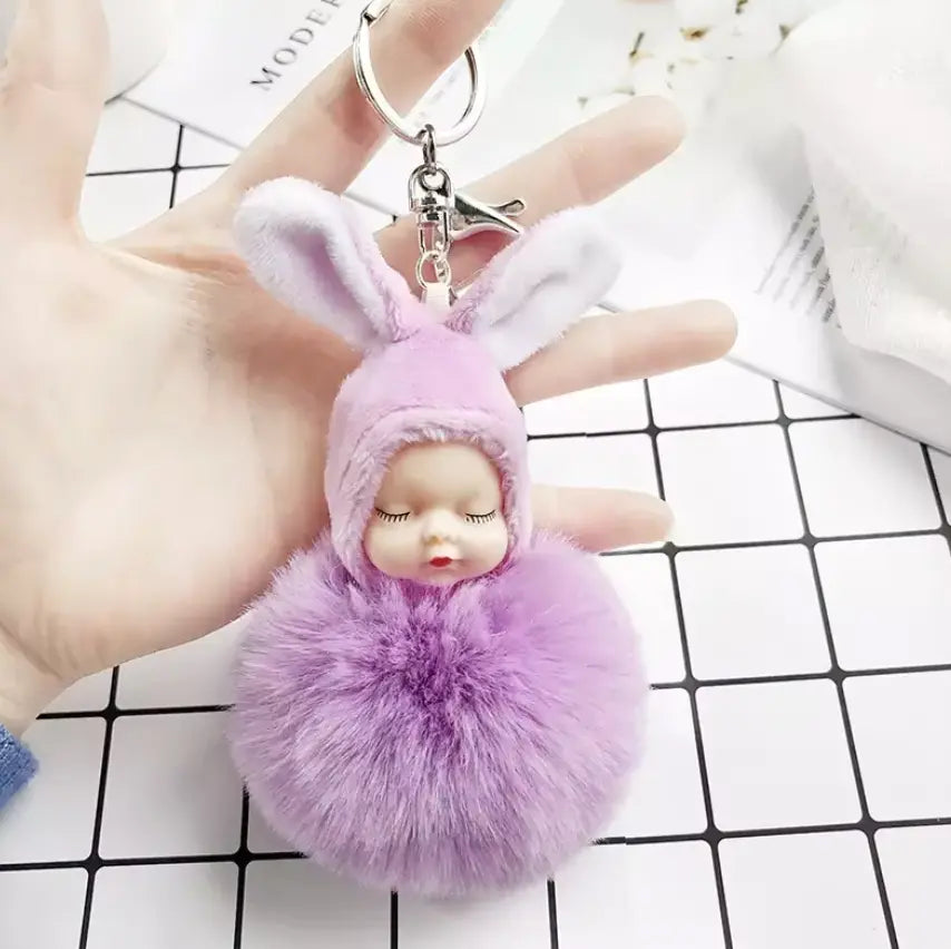 HOT 8CM Fashion Sleeping Baby Doll Pendant Fluffy Pom Pom KeyChains Cotton Wool
