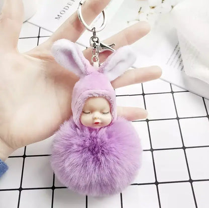 HOT 8CM Fashion Sleeping Baby Doll Pendant Fluffy Pom Pom KeyChains Cotton Wool