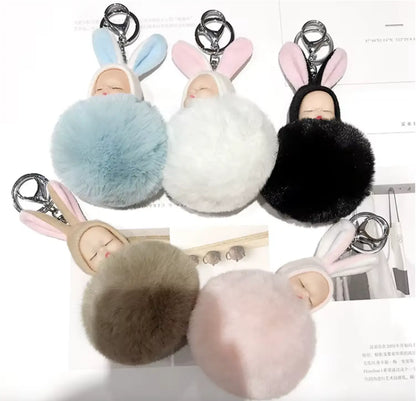 HOT 8CM Fashion Sleeping Baby Doll Pendant Fluffy Pom Pom KeyChains Cotton Wool