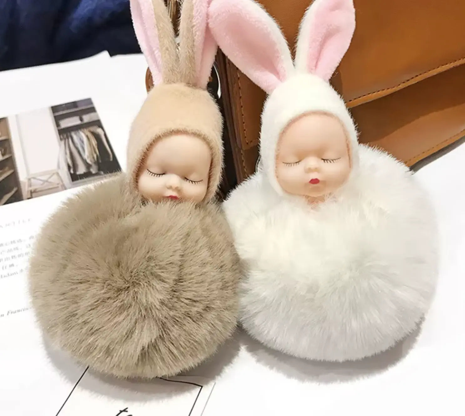 HOT 8CM Fashion Sleeping Baby Doll Pendant Fluffy Pom Pom KeyChains Cotton Wool