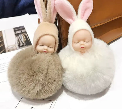 HOT 8CM Fashion Sleeping Baby Doll Pendant Fluffy Pom Pom KeyChains Cotton Wool