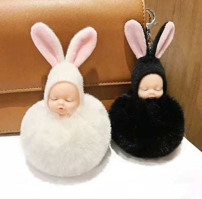 HOT 8CM Fashion Sleeping Baby Doll Pendant Fluffy Pom Pom KeyChains Cotton Wool