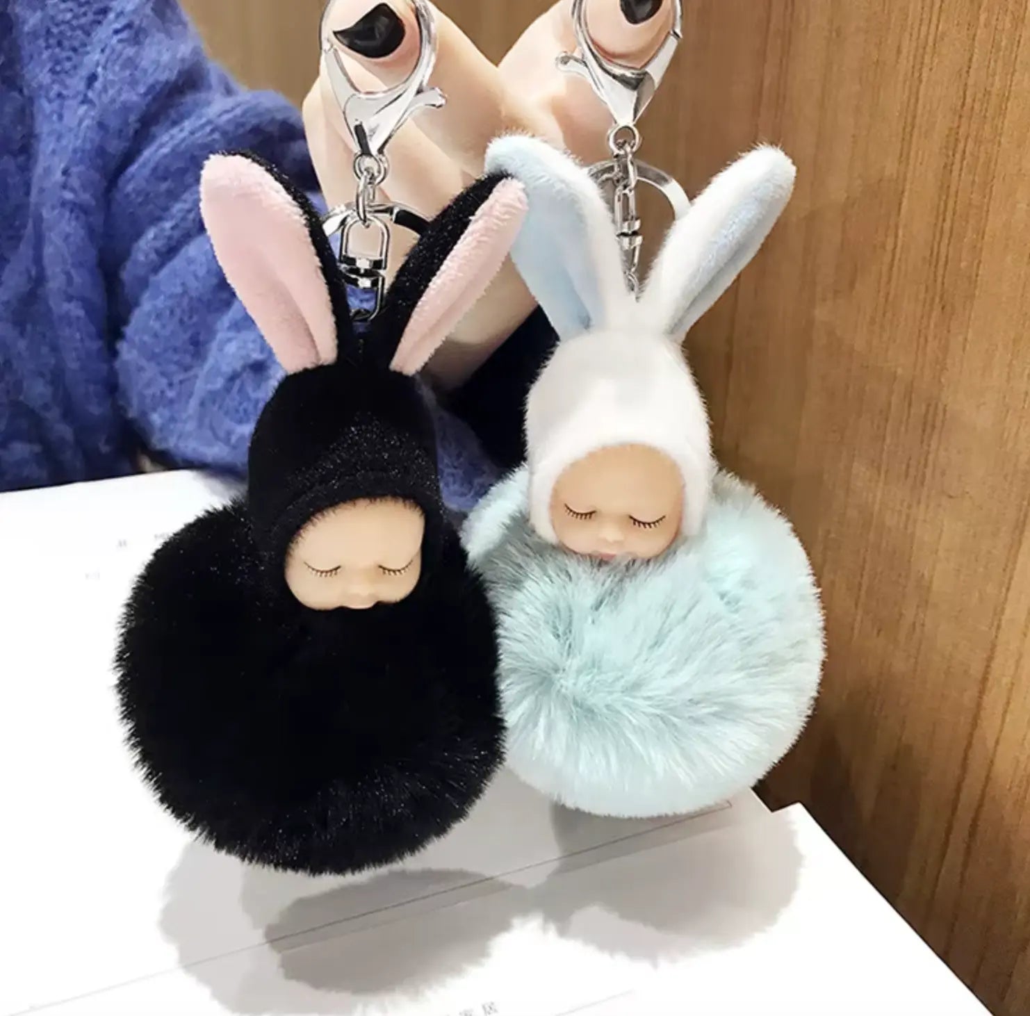 HOT 8CM Fashion Sleeping Baby Doll Pendant Fluffy Pom Pom KeyChains Cotton Wool