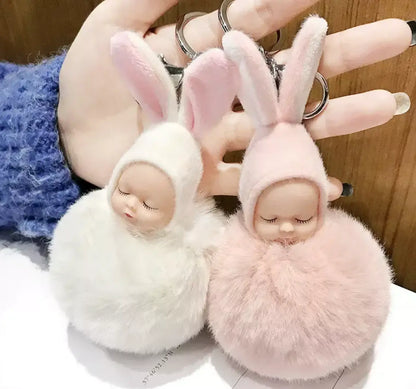 HOT 8CM Fashion Sleeping Baby Doll Pendant Fluffy Pom Pom KeyChains Cotton Wool