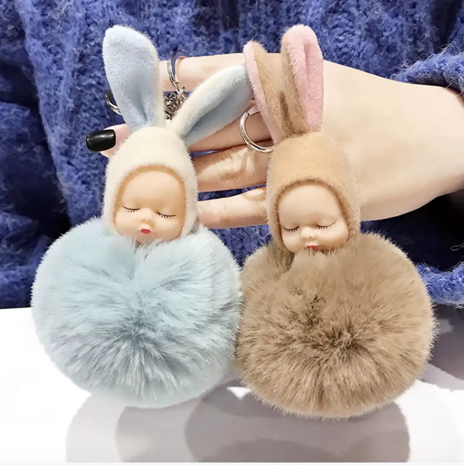 HOT 8CM Fashion Sleeping Baby Doll Pendant Fluffy Pom Pom KeyChains Cotton Wool