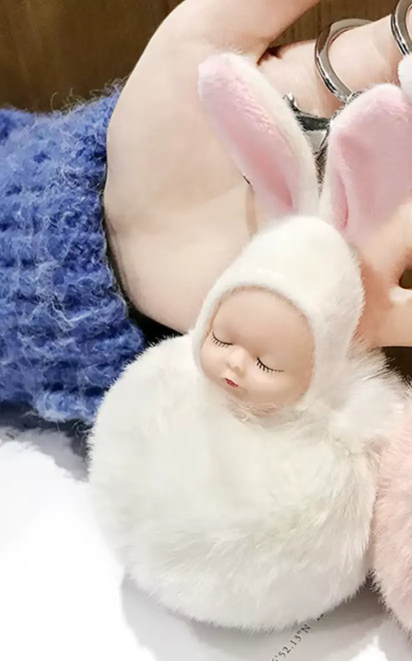 HOT 8CM Fashion Sleeping Baby Doll Pendant Fluffy Pom Pom KeyChains Cotton Wool