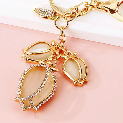 Zinc Alloy Keychains 3D Tulip Key Chain Luxury Rhinestone Keychain
