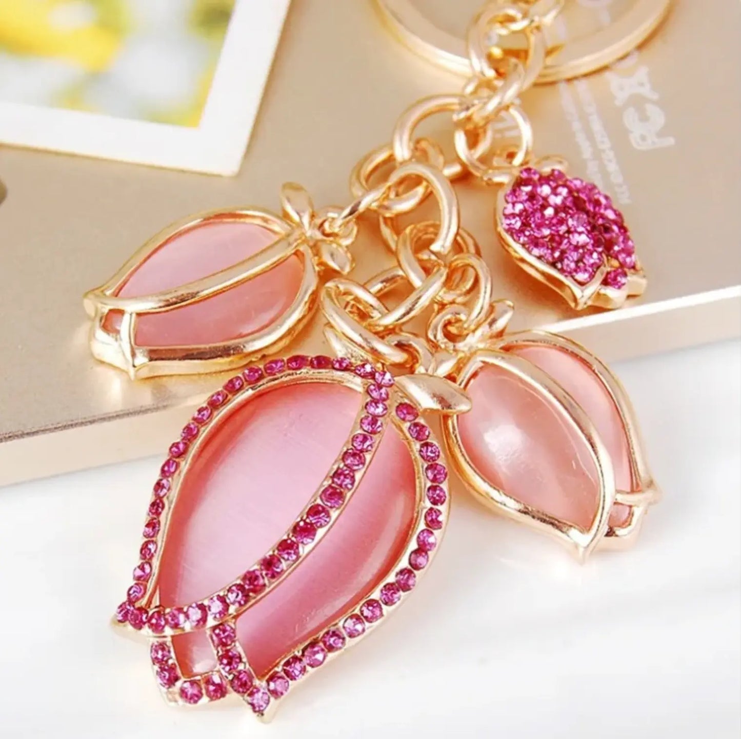 Zinc Alloy Keychains 3D Tulip Key Chain Luxury Rhinestone Keychain