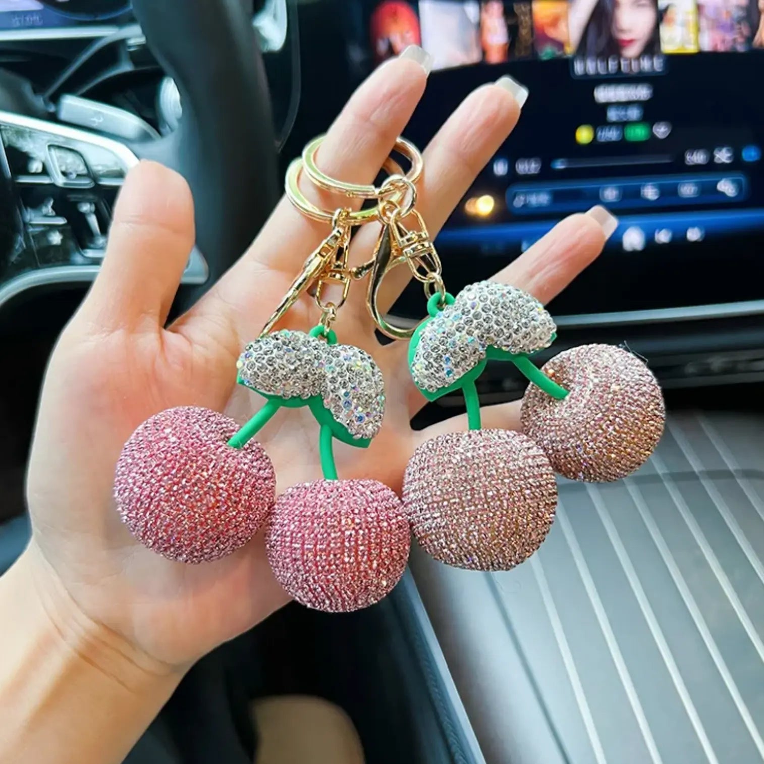 Big cherry keychain Diamond Keychain Bling Key Chains Big Rhinestone Women Bag Car Keys Accessories Fruit Keychain Cherry